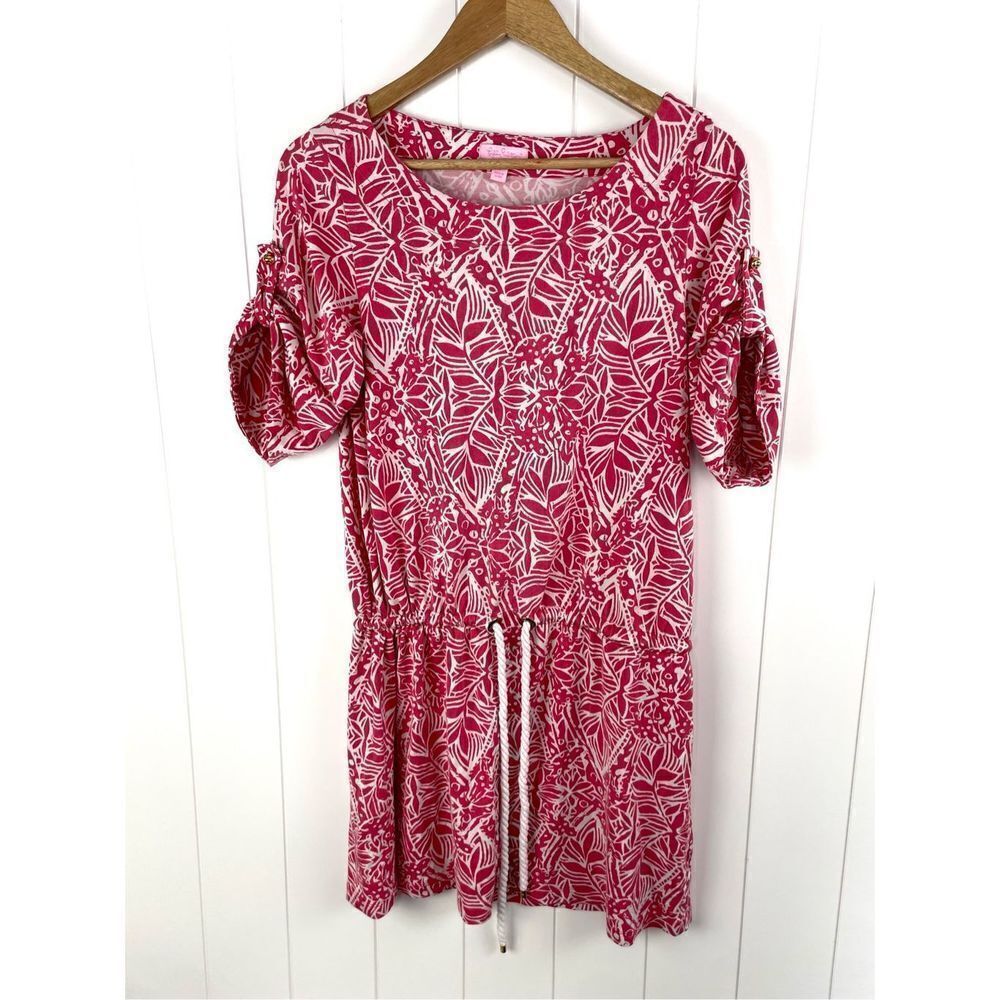 Lilly Pulitzer Raquel Punch Pink Stamped Silk Dress Cinched Waist L